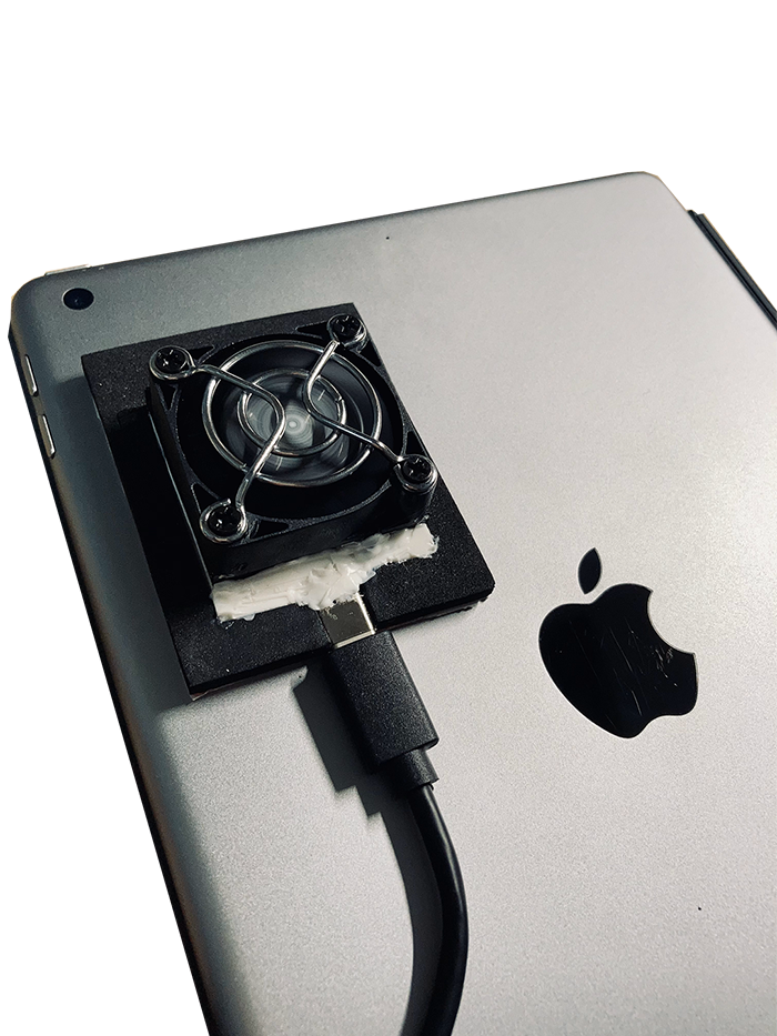Cooling Backplate MK II mounted to the back of an iPad