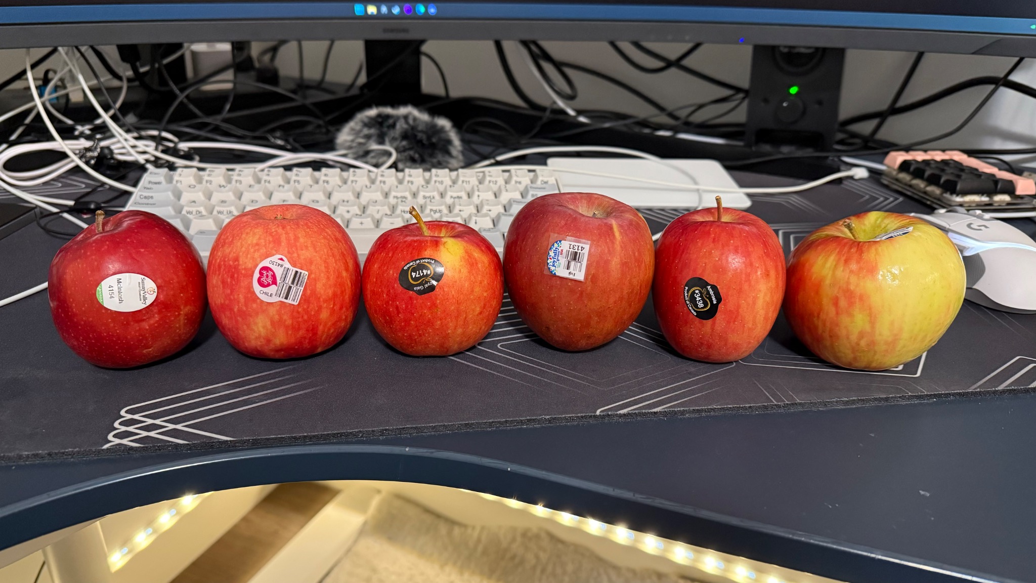 Six apple varieties lined up for a grocery-store taste test